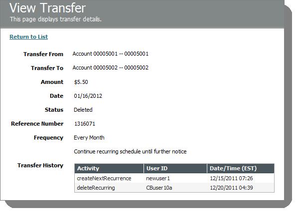 The following illustration shows a sample View Transfers page: The same fields appear on the View Transfer page as appear on the Create Transfer page (see