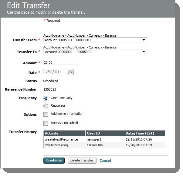 Field Transfer History Edit Transfer Page Description Chapter 2 Transfers Shows the actions different people have performed, such as creating, modifying or deleting the transfer.