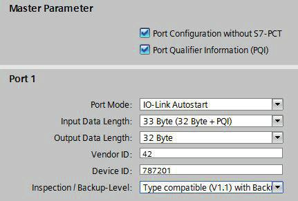 During port configuration via GSD file, for example, the following settings are possible: Port Qualifier Information (PQI) PQI provides information on the status and process data of the IO-Link port