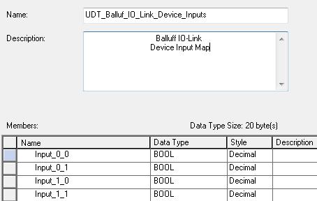 4.3 The Input UDT consists of all inputs associated with the Balluff IO-Link Device. Each Balluff IO-Link Device Input UDT will contain the Input Data for that unique device.