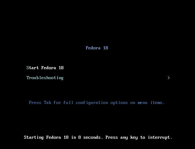 Fedora Live Desktop Figure 1. The Fedora live CD boot screen Either press Enter to select the Start Fedora 18 option, or wait for the countdown to expire.