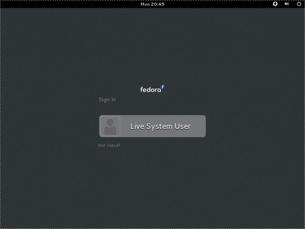Installation Quick Start Guide Figure 2. The Fedora live system login screen Click the Live System User button.