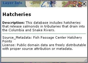 Getting help and layer information and metadata To get help within the Hatchery Release Data Mapping Application: Click on the?