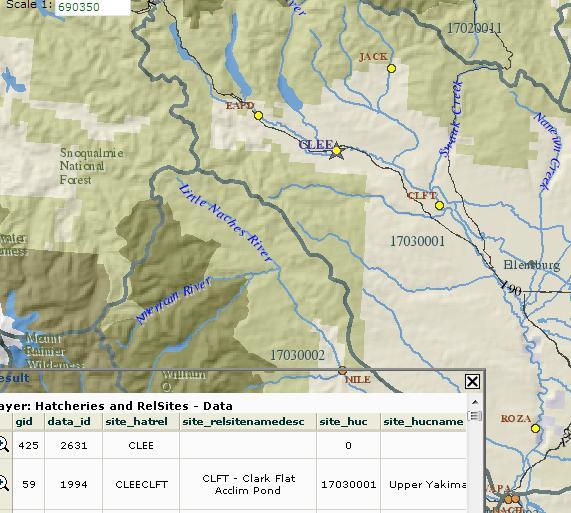 Find all hatcheries and release sites for spring Chinook in the HUC 1730001 Upper Yakima 1. Select Hatchery Data / Hatchery Queries from the main menu. Select the link Hatchery Release Data Map Query.