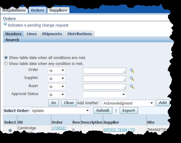 Select whether you wish to show data when all or any conditions of your search are met. Order is the purchase order number. 3.