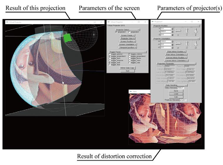 Fig. 5. Overview of projection simulator. The left window indicates the result of projecting a normal image onto the spherical screen. The lower-right window is the distortion corrected image.