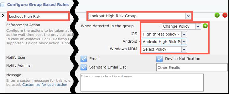 23 10. In the Group Name field, enter Lookout <Low/Medium/High> Risk Devices and click Save. 11. Repeat Steps 1-4 above for lookout_threat_level values of medium and low.