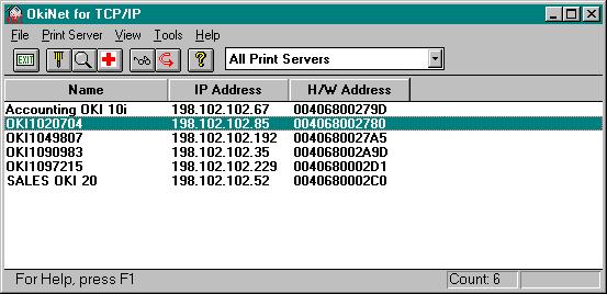 By default, the All Print Servers view is selected and all print servers attached to the subnet of the network from which the OkiNet utility is running are listed.