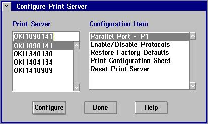 The Network Print Server resets when you select OK to save any of the options, except the Print Configuration Sheet option.