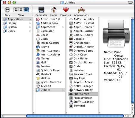 Once in Print Center there are three ways to set up a printer: AppleTalk, LPR Printers using IP, and USB.