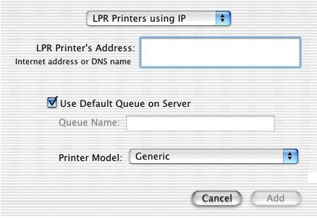 4. Select the appropriate PPD file for your printer 5. Click Add. LPR Printers using IP 1. Select LPR Printers using IP from the selection type. 2.
