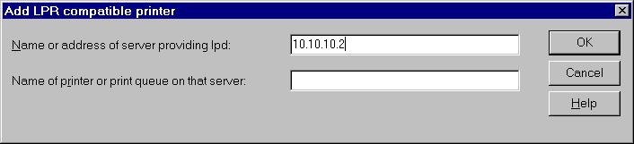 5. In the Name or address of server providing lpd: field, enter the IP address you assigned to
