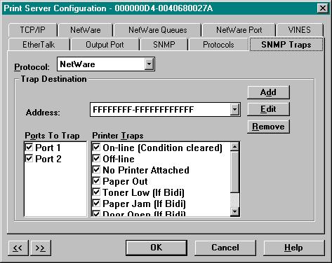 SNMP Traps Configuration The SNMP Trap option allows configuration of traps. Traps are unsolicited information concerning the Network Print Server.