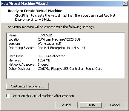 Deselect the Power on this virtual machine after creation checkbox.