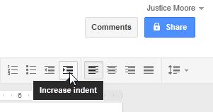 Click the Increase indent shortcut button to increase the indent by