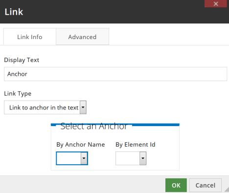 Click OK Anchors CKEditor supports placing anchors in document text. To insert an anchor, select the text that will become the anchor and press the button on the toolbar.