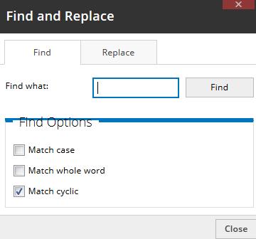 Find To open the appropriate dialog window, press the main editor toolbar. button on the The Find tab consists of a search field and a few options that let you refine the search.