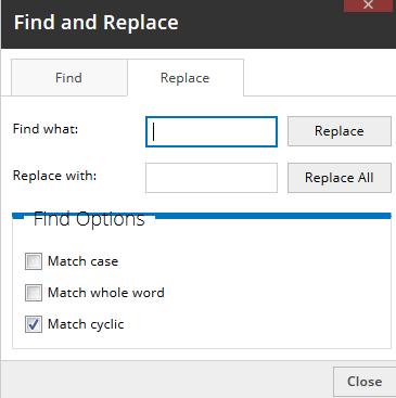 Match case Checking this option limits the search operation to words whose case matches the spelling (uppercase and lowercase letters) given in the search field.