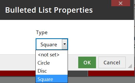 Bulleted List Properties In CKEditor you can customize the appearance of the bulleted list and modify the list marker.