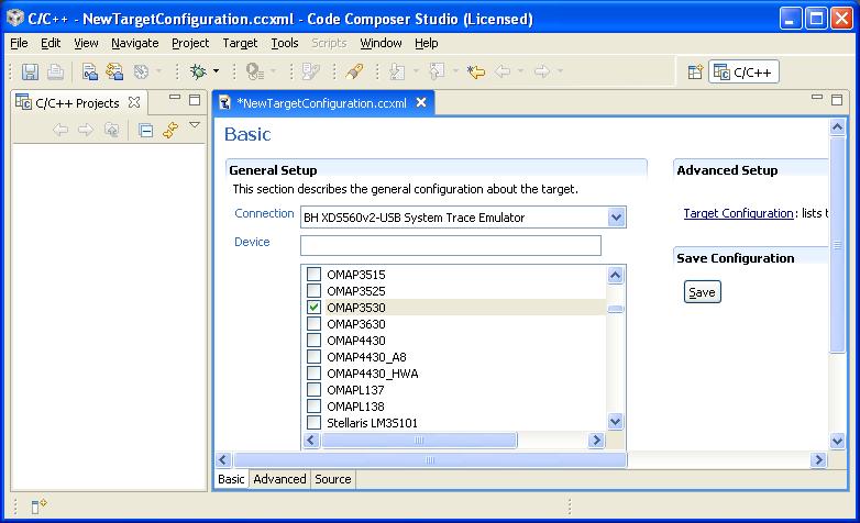Figure 27 - CCS v4.2 Main Application Window Basic Tab 3. If necessary, you can further limit the choices using the Device filter menu.