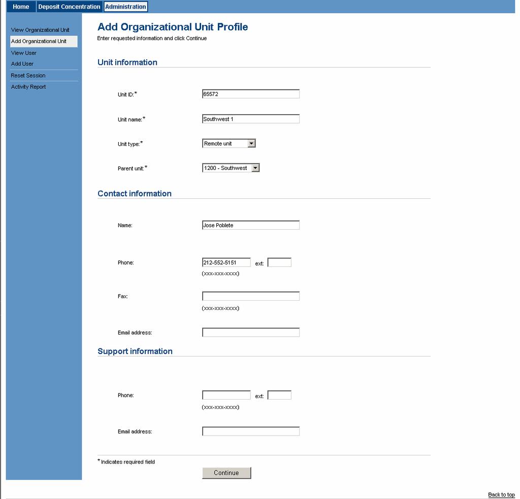The Add Organizational Unit Services page will display. Click Add for the Concentration service. The Add Service Parameters page will display. Enter the requested information, then click Save.