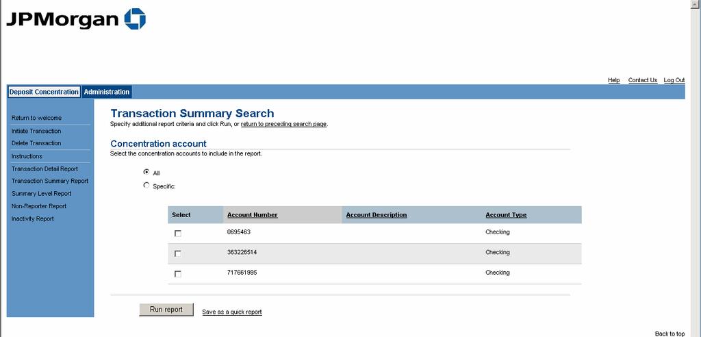 The first Transaction Summary Search page will display. Select the parameters to narrow the data to include in the report, then click Continue.