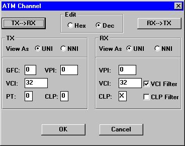 ATM Options The ATM Channel command in the Channel menu is then used to open the ATM Channel window where you enter the VPI/VCI parameters for the generator and receiver. Fig.