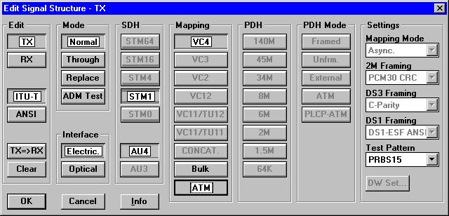 ATM Options ANT-20/ANT-20E Example ATM signal structure with STM-1 / VC-4 ATM mapping Setting the physical layer ( Signal Structure VI) The Signal Structure window is activated.
