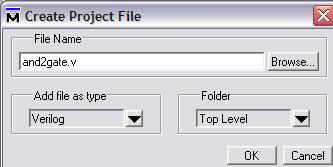 Right click in the project area, choose Add to Project, and choose New File Choose Verilog as the file type In the File name: box enter the desired file name, in this case the file is named inverter.