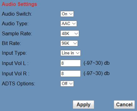 1.3 Audio Setup Click Audio. The audio parameters may now be set in the right-side area. 1) Audio Switch Turn On/Off audio switch. 2) Audio Type Audio type AAC. 3) Sample Rate Sample rate 44.