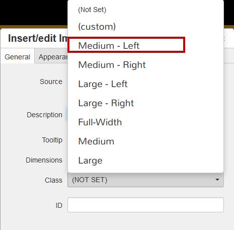 To set the image size and location that you wish to place the image relative to your text, select the appropriate image class in the