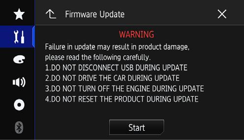 9. Read the WARNING, then touch the [Start] button to start the update process.