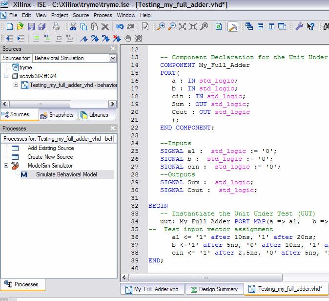 Xilinx Example: Test Bench Save your Test bench File Go to Source For Behavioral Simulation Behavioral is the architecture name Double click on ModelSim