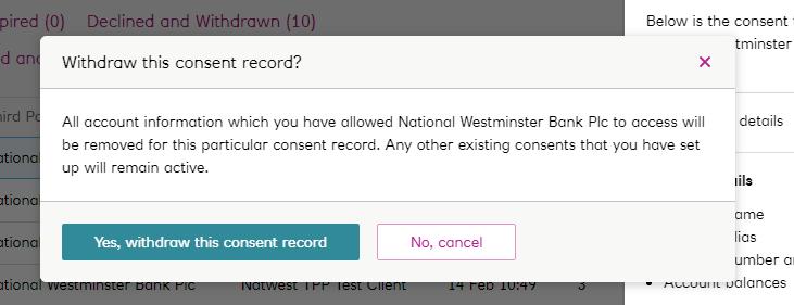 6 Once selected, confirm the withdrawal by selecting Yes, withdraw this consent record in the pop-up window.