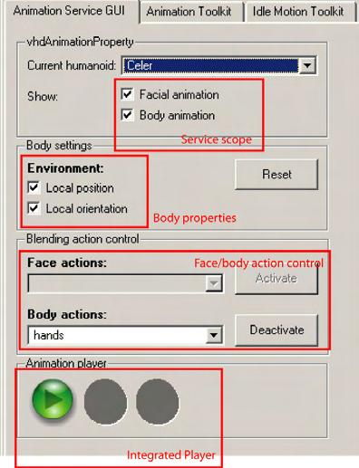 6.2. THE ANIMATION SERVICE 93 Figure 6.2: The animation service GUI. The GUI includes facilities to easily activate and deactivate actions, as well as player control. the software by others.