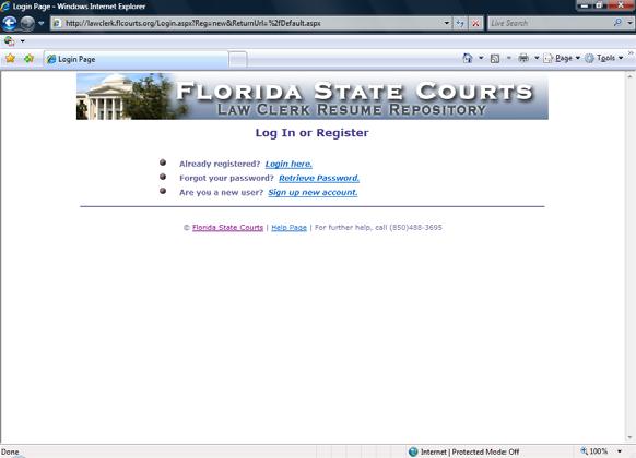 STEP #1: GETTING STARTED INSTRUCTIONS FOR USING THE LAW CLERK RESUME REPOSITORY 1. Open your internet browser and go to the Florida State Courts Law Clerk Resume Repository Home Page. http://lawclerk.