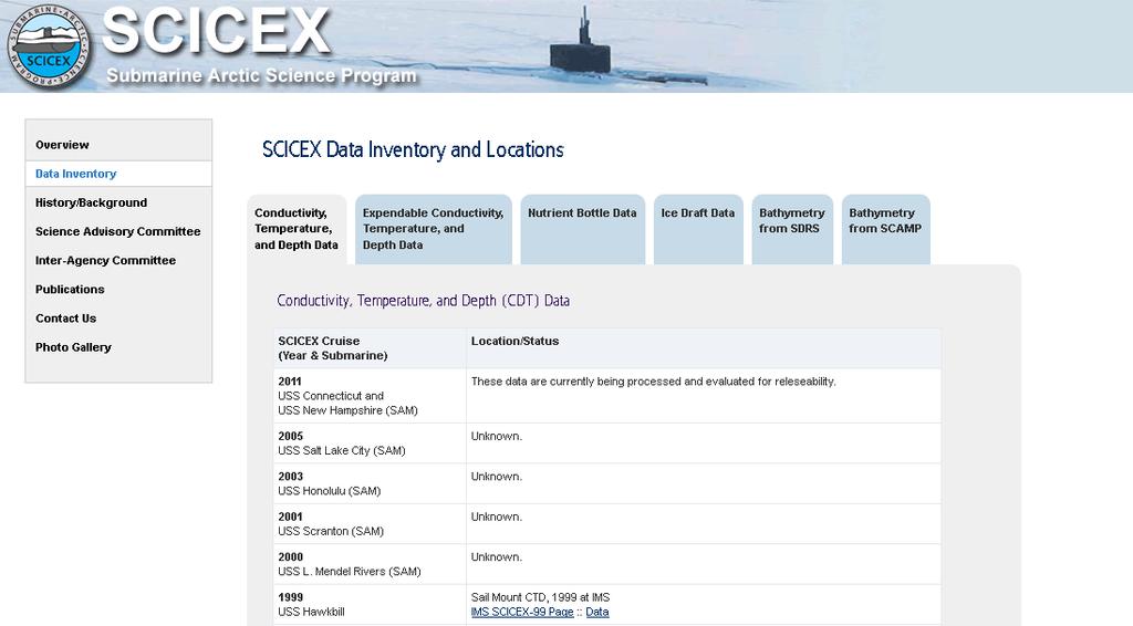 inventory page (Figure 2), with links and locations of SCICEX data.