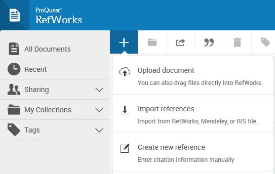To manually input a record Choose the add reference icon at the top of the page Three options: Create new reference, Upload document and Import references. To manually enter the bibliographic details.