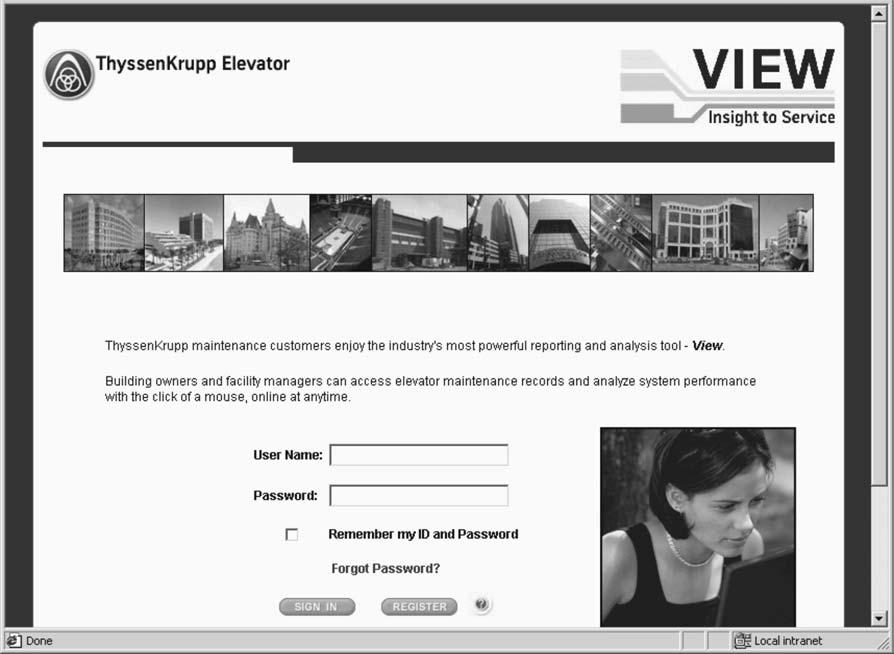 Sign In as a Registered User Overview Visit the VIEW web site at www.tke-view.com. The VIEW Sign In page appears as displayed below.