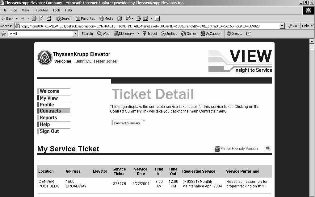Getting Familiar To view details about any service item in the list, simply click on the item and the Ticket Detail screen appears.