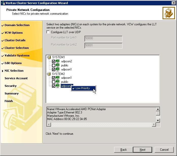 Installing the VCS application agent for Exchange Configuring the cluster 25 To configure the VCS private network over Ethernet Select the check boxes next to the two NICs to be assigned to the