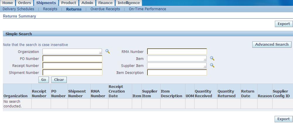 5.3 Returns The Returns Tab allows Suppliers to view the return history, the causes for goods returned by the buying company, and inspection results of a shipment.