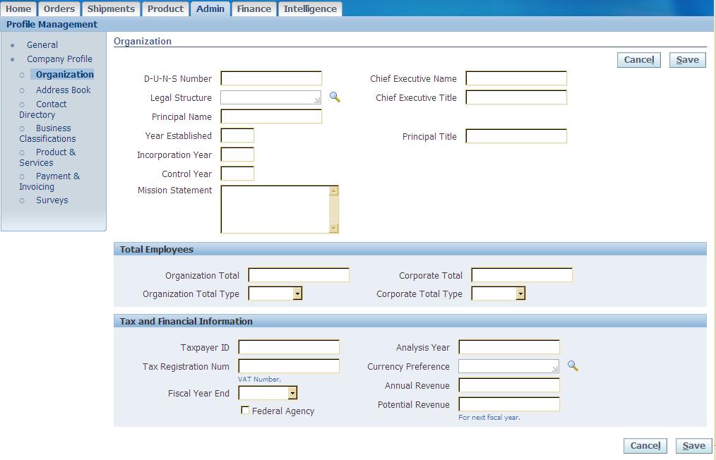 General allows you to view your companies information such as: Organization Name, Supplier Number, Taxpayer
