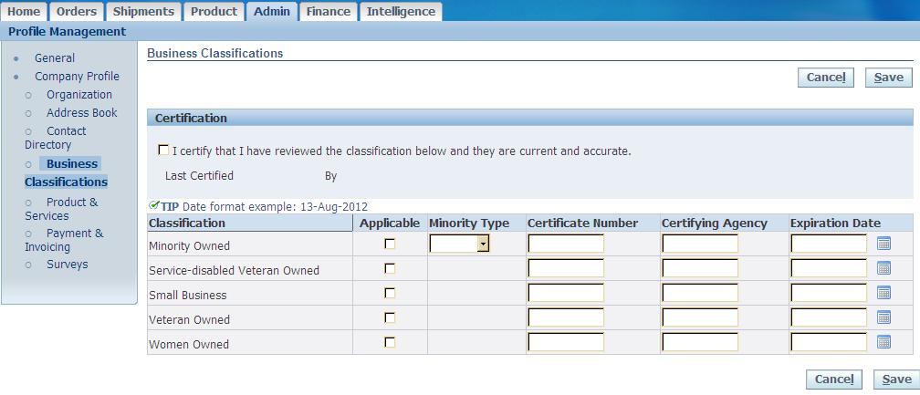6.4 Business Classifications Still under the Admin tab, click on Business Classification.