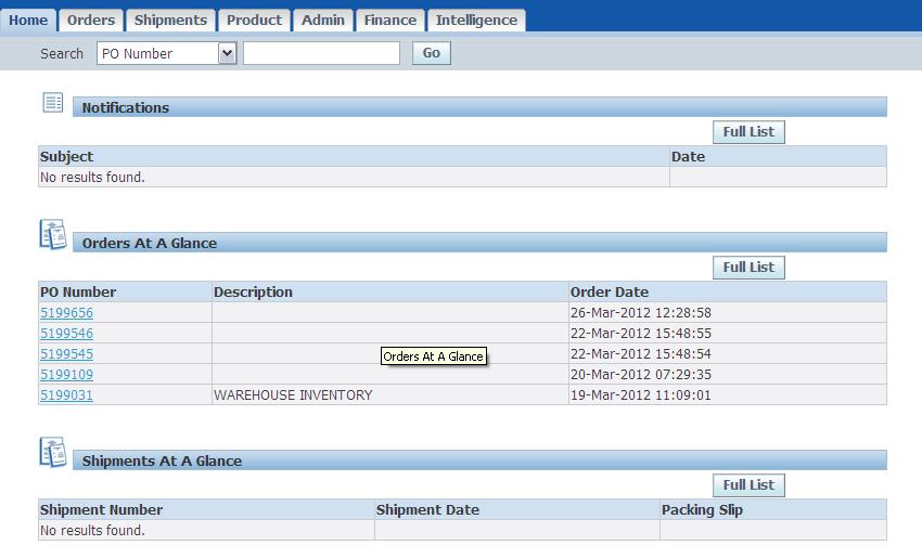 3 Home Tab The home tab enables the supplier to see, quickly, Notifications, Orders at a Glance, Shipments at a Glance.