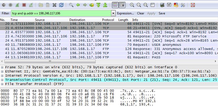 Wireshark captured many packets during the FTP session to ftp.cdc.gov. To limit the amount of data for analysis, type tcp and ip.addr == 198.246.117.