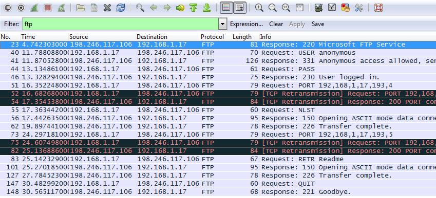 By applying an ftp filter, the entire sequence of the FTP traffic can be examined in Wireshark. Notice the sequence of the events during this FTP session.