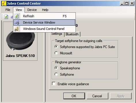 From Jabra Control Center window, navigate to menu View Device Service Window. 2.