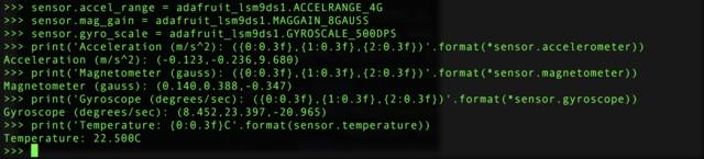 See the simpletest.py example (https://adafru.it/c5d) for a complete demo of printing the accelerometer, magnetometer, gyroscope every second. Save this as code.