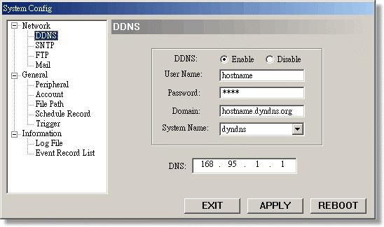 DDNS 1) DDNS is a service for transforming dynamic IP to corresponding to a specific Hostname. 2) Enable the DDNS function. Key in the DDNS username into User Name.
